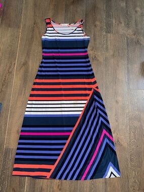 Calvin Klein Sleeveless Striped Maxi Dress in Navy, Coral & Purple